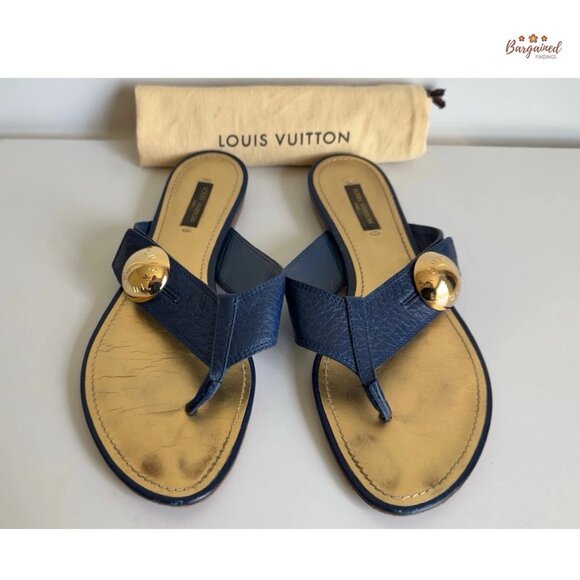Authentic Louis Vuitton Navy Leather Chaussures Slides Thong Sandals 38.5/8.5 - Picture 11 of 13